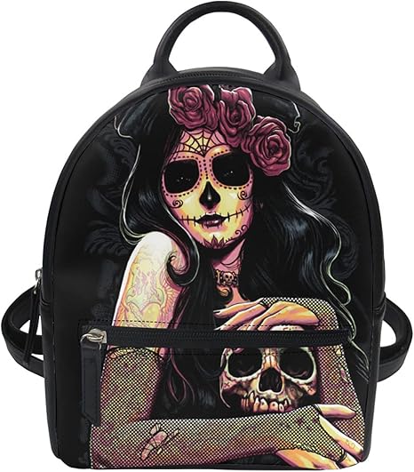 Fashion Women's Mini Backpack Purse Cool Cartoon Skull Printed Pu Leather Rucksack - sugar skull handbags for sale