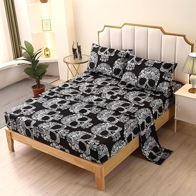 SDIII 4PCS Sugar Skull Twin Sheets Set, Soft Microfiber Gothic Sheets Twin Size Skeleton Printed, Goth Bedding Sheet Set Deep Pocket All Season - sugar skull throw pillow