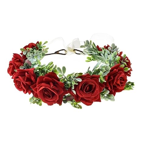 Vividsun Women Flower Crown Floral Headpiece Festival Wedding Hair Wreath Floral Crown (Red) - sugar skull flower crown