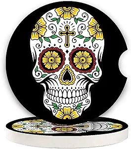 Sugar Skull Small 2.56" Absorbent Auto Coasters 2 Pack - Ceramic, Absorbs Spills, Keeps Cupholders Clean - sugar skull coffee cup