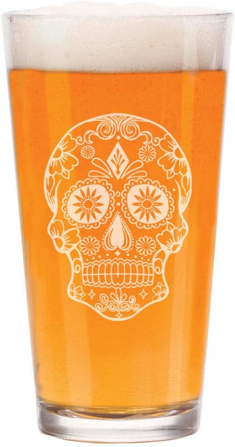 MIP 16 oz Beer Pint Glass Sugar Candy Skull - sugar skull wine glass