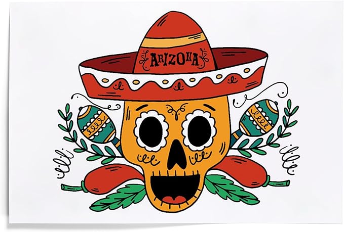 Lantern Press 12x18 Inch Art Print Wall Decor, Arizona, Cartoon Sugar Skull - sugar skull poster print