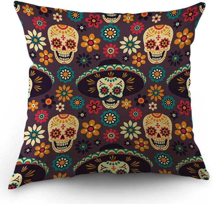 Moslion Skull Throw Pillow Cover Sugar Skull Flowers Mexico Dia de Los Muertos Cotton Linen Halloween Decorative Pillow Case 18 x 18 Inch Standard Square Cushion Cover for Sofa Bedroom Men Women - sugar skull throw pillow