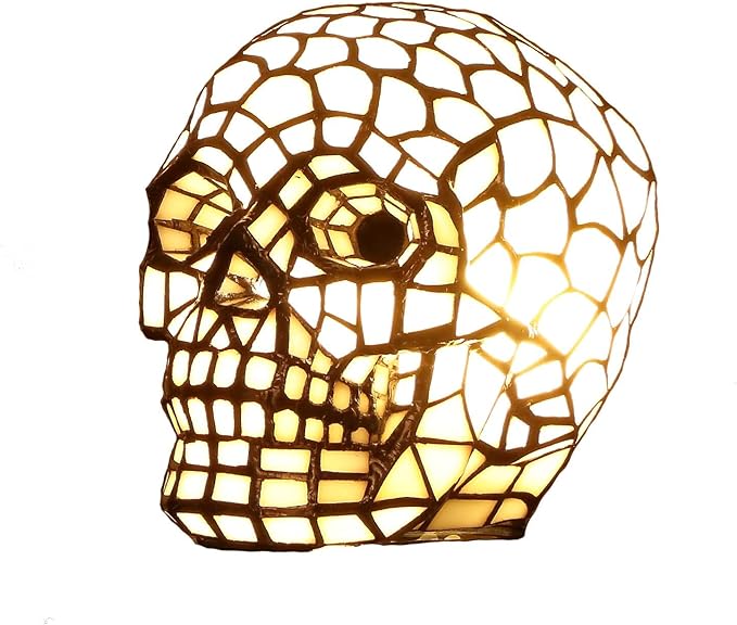 Bieye L10649 Skull Tiffany Style Stained Glass Accent Table Lamp Night Light for Halloween Decor Skull Lovers, White - sugar skull table lamp