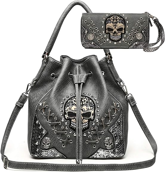 Punk Gothic Rock Metallic Skull Rivet Studded Skeleton Purse Sugar Skull Women Handbag Fashion Shoulder Bag Wallet Set - sugar skull wallets for women