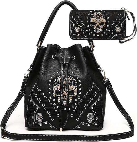 Punk Gothic Rock Metallic Skull Rivet Studded Skeleton Purse Sugar Skull Women Handbag Fashion Shoulder Bag Wallet Set - sugar skull handbags for sale