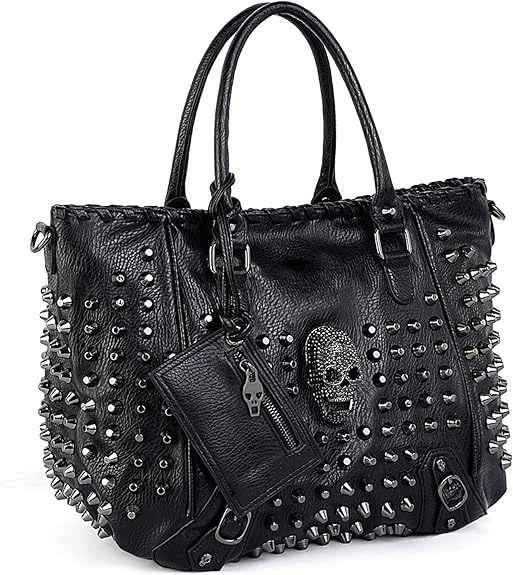 Women Skull Tote Bag Rivet Studded Handbag PU Leather Purse Shoulder Bags 2 Pcs Wallet Strap A Black 382 - sugar skull handbags for sale