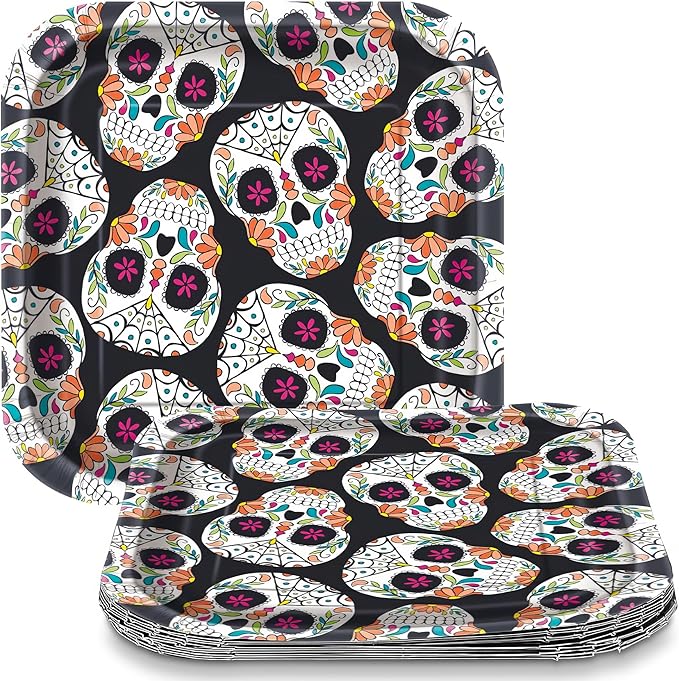 Unique Skull Day of the Dead Paper Square Dessert Plates | 7" x 7" | 10 Pcs - sugar skull plates set