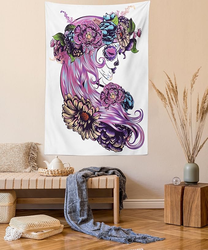 Lunarable Gothic Tapestry, Day of Dead Illustration Sugar Skull Girl in Flower Wreath Print Latin American, Fabric Wall Hanging Decor for Bedroom Living Room Dorm, 23" X 28", Multicolor - sugar skull wreath for front door