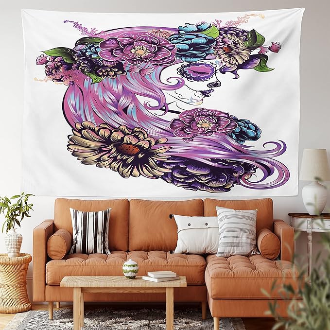 Lunarable Gothic Tapestry, Day of Dead Illustration Sugar Skull Girl in Flower Wreath Print Latin American, Fabric Wall Hanging Decor for Bedroom Living Room Dorm, 28" X 23", Multicolor - sugar skull wreath for front door