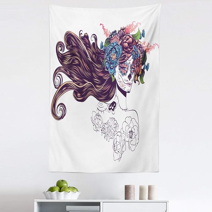 Lunarable Ethnic Tapestry, Traditional Sugar Skull Girl with Flower Wreath Mourning Festival Day, Fabric Wall Hanging Decor for Bedroom Living Room Dorm, 30" X 45", Multicolor - sugar skull wreath for front door