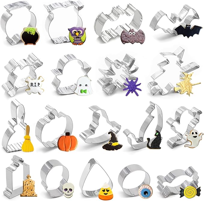 18PCS Halloween Cookie Cutters - Pumpkin,Witch,Bat,Ghost,Cat,Tombstone,Spider, Skull,Candy Corn, Owl,Hat,Cauldron,Broom Party Supplies - sugar skull plates set