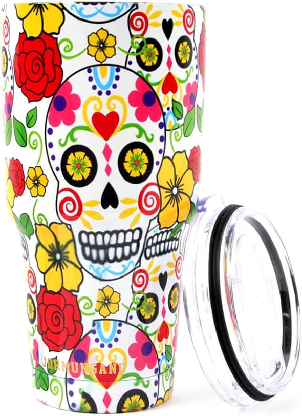 Jormungand 30 oz Tumbler Stainless Steel Vacuum Insulated Travel Mug with Leak Proof Lid Double Wall Coffee Cup Water Bottle for Cold Beverages 30oz tumbler Sugar Skull - sugar skull tumbler with straw