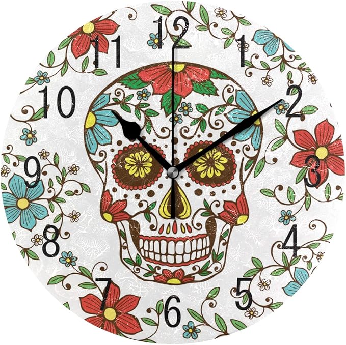 ALAZA Home Decor Floral Sugar Skull Day of The Dead Round Acrylic 9.5 Inch Wall Clock Non Ticking Silent Clock Art for Living Room Kitchen Bedroom(Black Pointer) - sugar skull canvas wall art