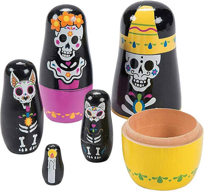 Fun Express Day of The Dead Nesting Dolls - 5 Piece Set - Great for Novelty, Dia de Los Muertos Gifts and Toys - sugar skull figurine collectible