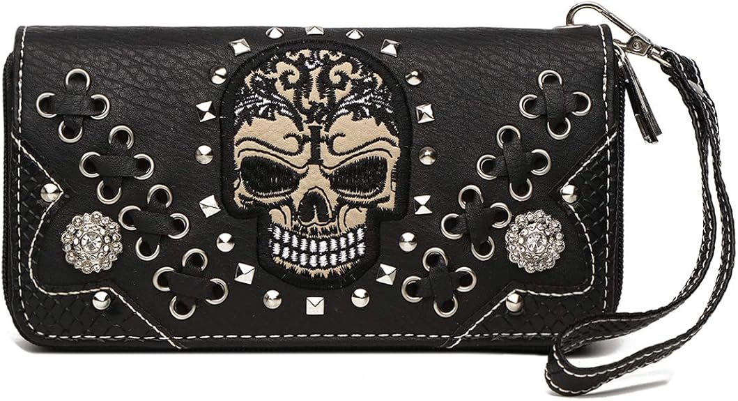 Punk Studs Gothic Skull Chain Art Rivet Buckle Studded Women Wallet Day of the Dead Zipper Wristlet Purse - sugar skull handbags for sale
