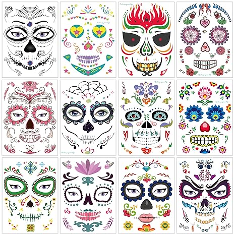 Halloween Temporary Face Tattoos (12Pack), Konsait Day of the Dead Sugar Skull Floral Black Skeleton Web Red Roses Full Face Mask Tattoo for Women Men Adult Kids Boys Halloween Party Favor Supplies - sugar skull flower crown