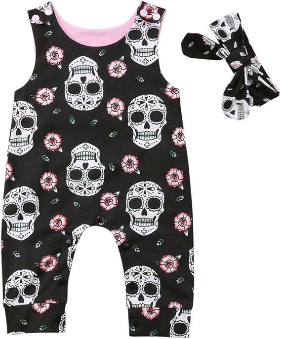 Muasaaluxi Newborn Baby Girls Boys Skull Floral Romper Jumpsuit Sleeveless Bodysuit Playsuit Headband Halloween Outfit - sugar skull flower crown