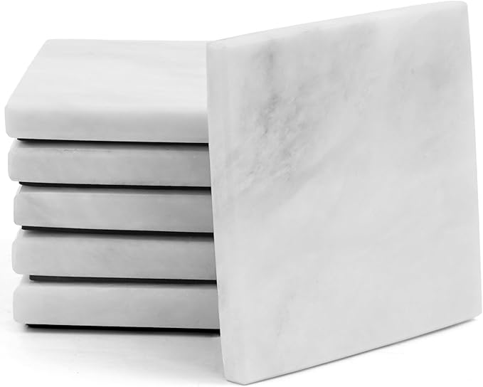 Radicaln Marble Coasters Square 3.5" Inches White Handmade Absorbent Stone Coaster Set for Drinks – Perfect for Home and Kitchen Use, Set of 6 Coasters - sugar skull coasters set
