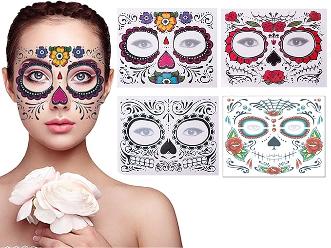 4 Pack Day of The Dead Sugar Skull Face Temporary Tattoo Halloween Makeup Tattoo Stickers for Halloween Masquerade Party(Floral, Red Roses,Black and Floral Skeleton) - sugar skull temporary tattoo