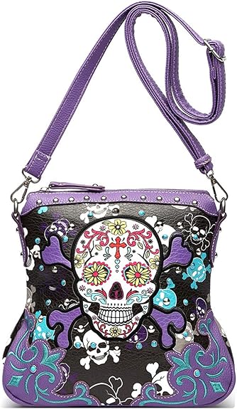 Sugar Skull Day of the Dead Cross Bone Rock Metallic Purse Skeleton Leather Purse Women Crossbody Handbag Shoulder Bag - sugar skull handbags for sale