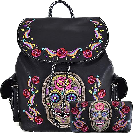 Sugar Skull Day of the Dead Backpack Purse Set,Vegan Leather Skull Handbag with Matching Wallet,Gothic Punk Rose Design for Women,Mini Backpack and Crossbody Wristlet for Party Travel Biker Daily Use - sugar skull handbags for sale