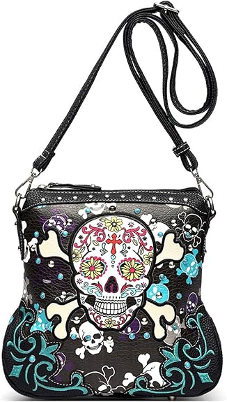 Sugar Skull Day of the Dead Cross Bone Rock Metallic Purse Skeleton Leather Purse Women Crossbody Handbag Shoulder Bag - sugar skull wallets for women