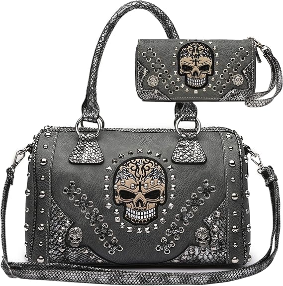 Gothic Skull Day of the Dead Boston Purse Removable Strap Women Satchel Handbag Shoulder Bag Wallet Set - sugar skull handbags for sale