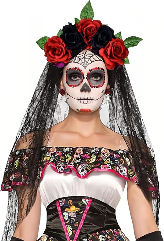 June Bloomy Day of the Dead Headpiece Rose Floral Crown Veil Halloween Costume Mexican Flower Headband - sugar skull flower crown