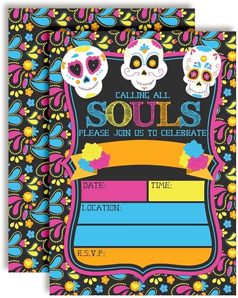 Sugar Skull Day Of The Dead, Dia De Los Muertos, Colorful Halloween Birthday Party Invitations, 20 5x7 Fill In Cards with Twenty White Envelopes by AmandaCreation - sugar skull poster print