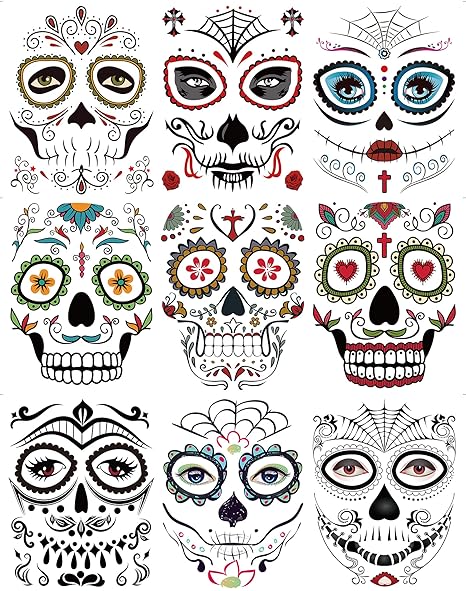 DaLin 9 Sheets Floral Day of the Dead Sugar Skull Temporary Face Tattoos for Halloween - sugar skull temporary tattoo