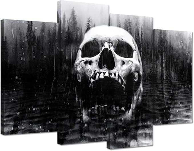iHAPPYWALL Halloween Day of Dead Skull in Dark Foggy Lake Abstract Black and White Contemporary Picture Print 4 Panel Large Canavs for Modern Home Decoration Ready to Hang - sugar skull canvas wall art