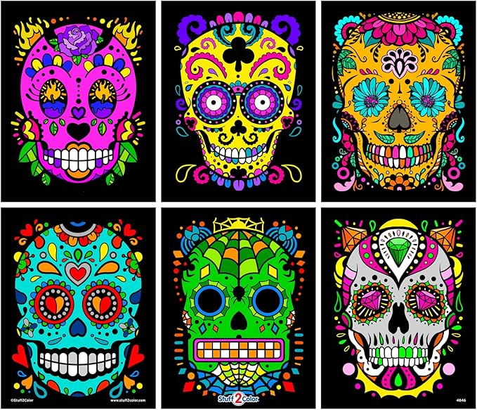 Stuff2Color Sugar Skulls Fuzzy Velvet Halloween Coloring Posters (Day of The Dead and Dia de Los Muertos) - 6 Pack - Great Halloween Arts and Craft Activity for Kids, Toddlers, Teens and Adults - sugar skull poster print