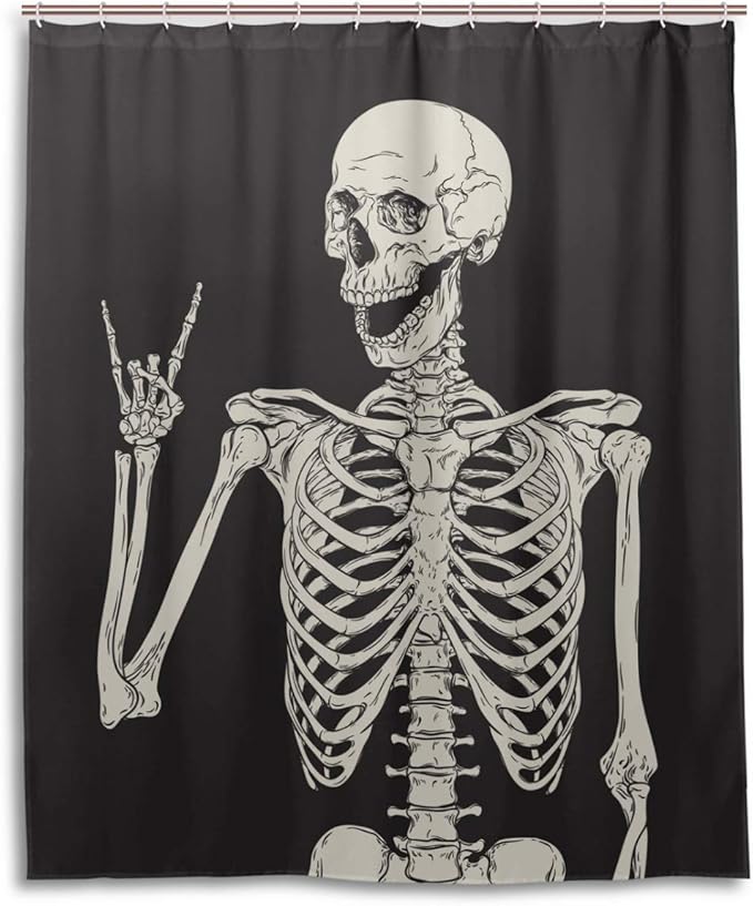 Wamika Rock and Roll Skull Skeleton Bone Love Music Shower Curtain Polyester Waterproof, Sugar Candy Skull Day of Dead On Black Backdrop Bath Room Shower Curtain with Hooks 60 W x 72 H inches - sugar skull shower curtain set
