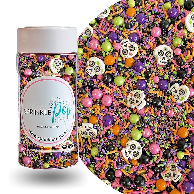Sprinkle Pop Dia De Los Muertos Sprinkle Mix| Black Pink Purple Lime Orange Sprinkles| Halloween Sprinkles with ~12 Day of the Dead Sugar Skulls Made in USA for Decorating Cake Cookies Cupcakes, 4oz - sugar skull makeup kit