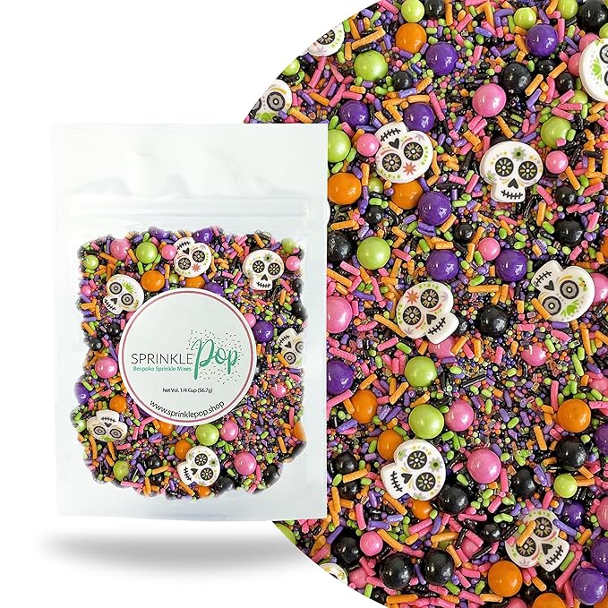 Sprinkle Pop Dia De Los Muertos Sprinkle Mix| Black Pink Purple Lime Orange Sprinkles| Halloween Sprinkles with ~6 Day of the Dead Sugar Skulls Made in USA for Decorating Cake Cookies Cupcakes, 2oz - sugar skull coffee cup