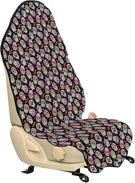 Ambesonne Sugar Skull Car Seat Hoodie, All Souls Day Floral Colorful Sugar Skulls Flowers on Dark Background Print, Car Seat Cover Protector Non Slip Backing Universal Fit, 30" X 57", Black Fuchsia - sugar skull car pet seat cover