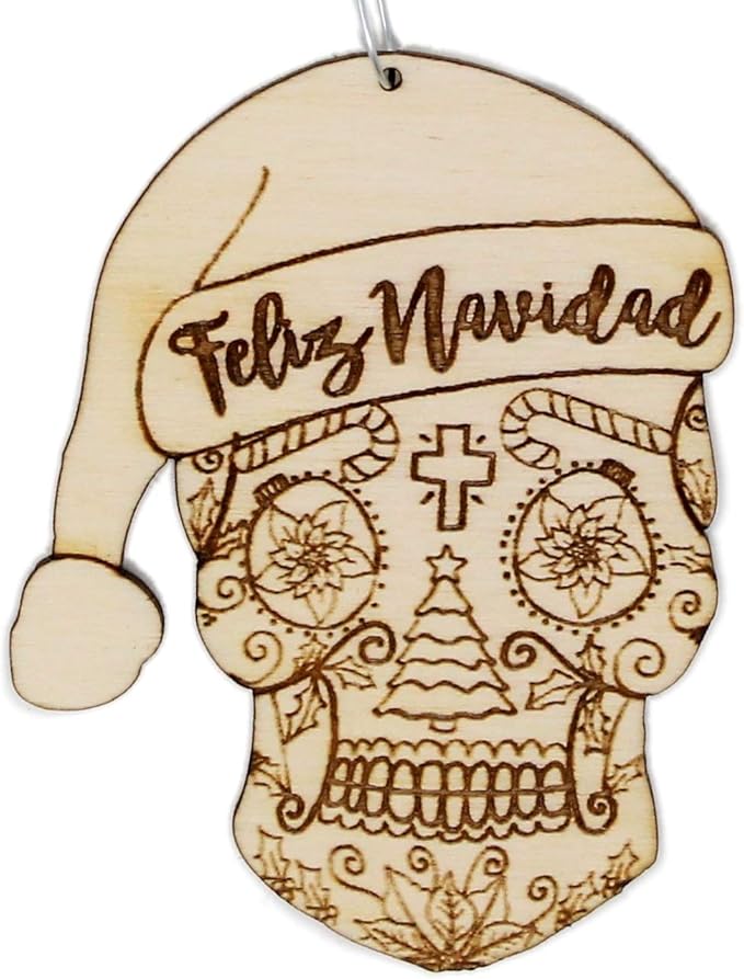 Feliz Navidad Sugar Skull Christmas Ornament | Handmade Wood Holiday Christmas Tree Hanging - sugar skull christmas decorations