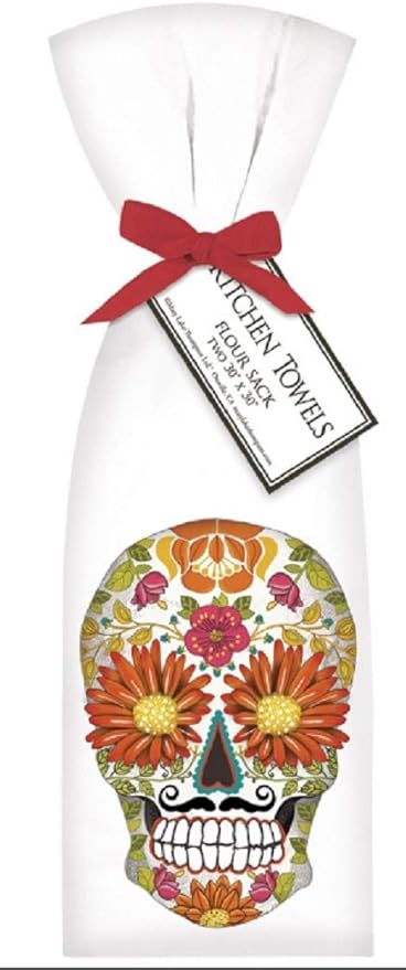 Mary Lake Thompson T1734 2 Ribbon Tied Sugar Skull Daisies Flour Sack Towels 30 Inches Square - sugar skull beach towel