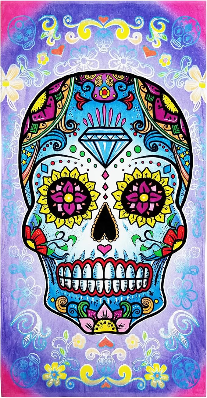 Rockin Towel Sugar Skull Beach Towels 30" x 60" Soft Cotton Velour Beautiful Novelty Fun Towels for Men & Women, Skull Beach Towel (1) - sugar skull beach towel