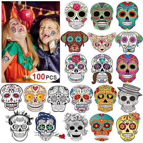 Day of the Dead Sugar Skull Tattoos(100Counts),Konsait Halloween Temporary Face Tattoos Sugar Skull Puppy Black Skeleton Web Red Roses Tattoo for kids Boys Girls Mexican Halloween Party Favor Supplies - sugar skull temporary tattoo