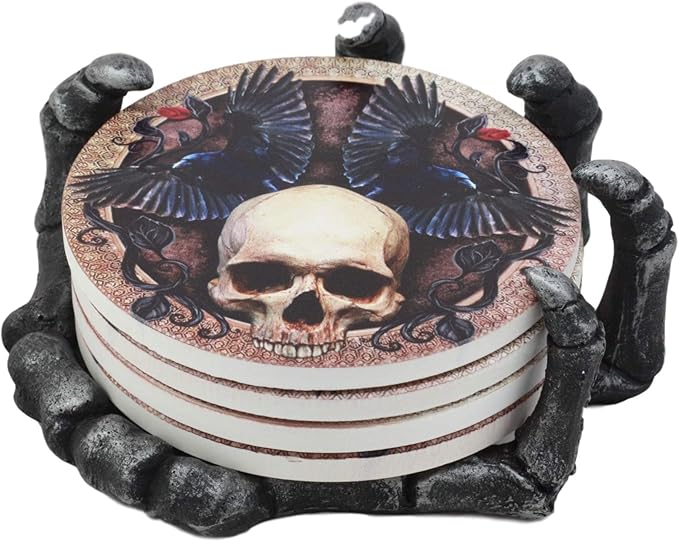 Ebros Gothic Alchemy Clutch of The Dead Skeleton Hand Resin Coaster Figurine Holder with 4 Skull Raven Tile Coasters Set Furniture Protector Ossuary Macabre Halloween Spooky Home Decor Accent - sugar skull coasters set