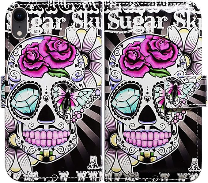 Bcov Case for iPhone XR, Purple Flower Sugar Skull Wallet Flip Leather Cover Case with Credit Card Slot ID Card Holder Kickstand for iPhone XR - sugar skull wallets for women
