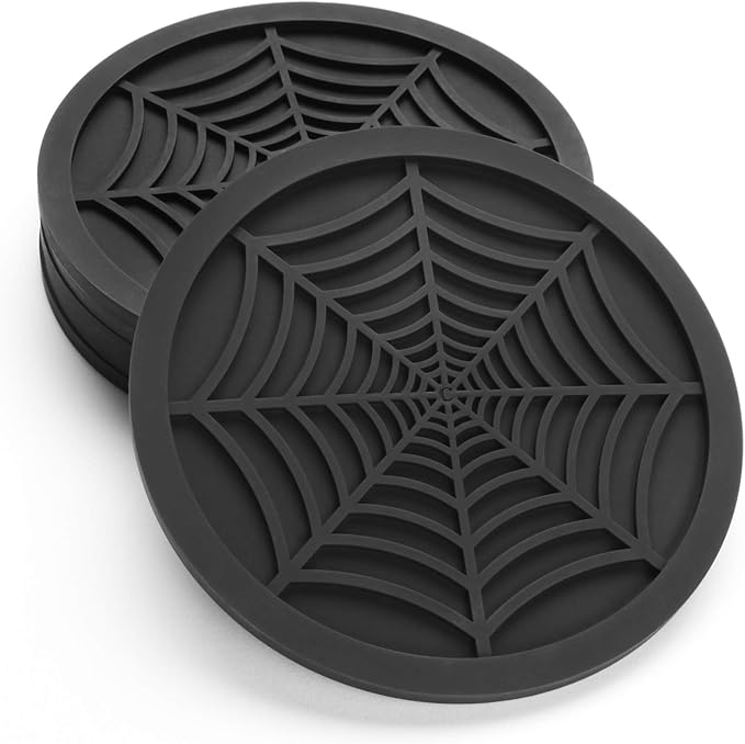 Silicone Coasters For Drinks - 6 Pack Unique Design Spider Drink Coasters, 4" Black Coaster Set by COASTERFIELD - sugar skull coasters set