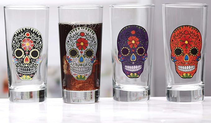 Circleware Halloween Sugar Skull Hiball Cooler, Set of 4 Heavy Drinking Glass Tumbler Cups for Water, Juice, Milk, Beer, Whiskey, Vodka, Farmhouse Decor, 14.5 oz, Black, White, Purple, Orange - sugar skull tumbler with straw
