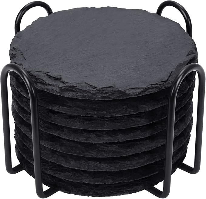 Slate Drink Coasters with Metal Holder, GOH DODD Set of 8 Black Coasters, 4 Inch Stone Coaster Set Tabletop Protection for Home Kitchen Apartment Bar Decor Housewarming Gifts Wedding Party, Round - sugar skull coasters set