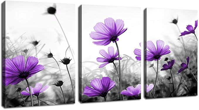 Flowers Wall Art Canvas Pictures Purple Wildflowers Black and White Background 3 Piece Canvas Art Blossom Contemporary Artwork for Home Decoration Office Kitchen Wall Decor 12"x 16" x 3 Panels - sugar skull canvas wall art
