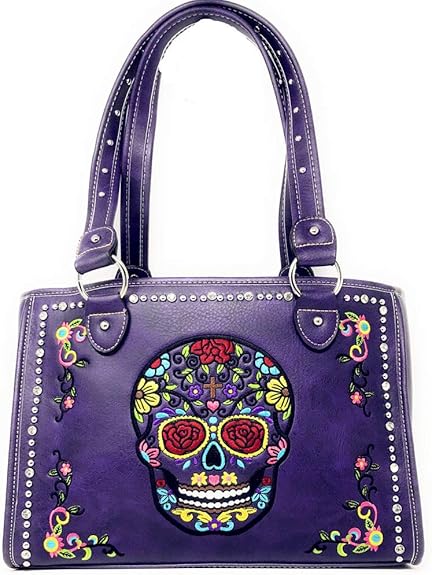 Western Sugar Skull Rhinestone Flora Embroider Concealed Carry Purse/Multi Color - sugar skull handbags for sale
