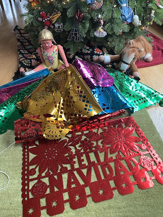 Metallic Christmas Banner - Mylar Papel Picado - Large - Handcut - sugar skull christmas decorations