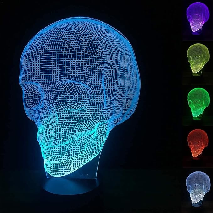 FULLOSUN Skull 3D Lamp Optical Illusion Night Light, Death Model Holiday Gift for Holloween Ghost Festival, Men Room Night Light with Remote Control 16 Colors Changing - sugar skull table lamp